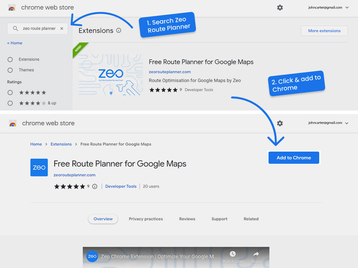 Zeo Chrome Extention, Zeo Route Planner