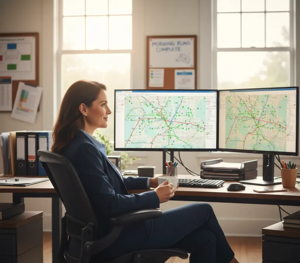 A photorealistic medium shot of a field service operations manager in her mid-40s sitting confidently at her desk in a...