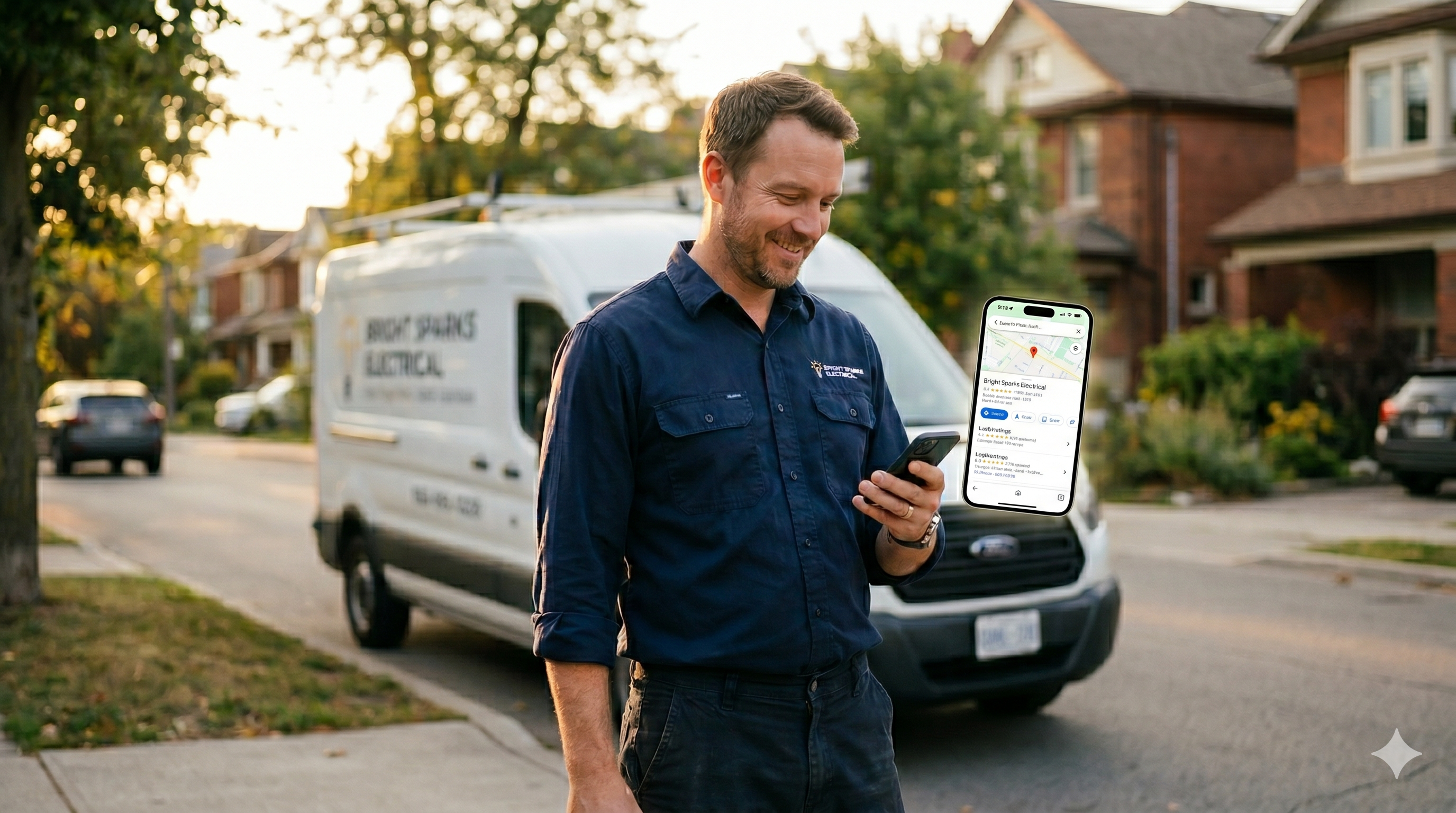 Local service business owner checking online reviews and Google ranking on phone