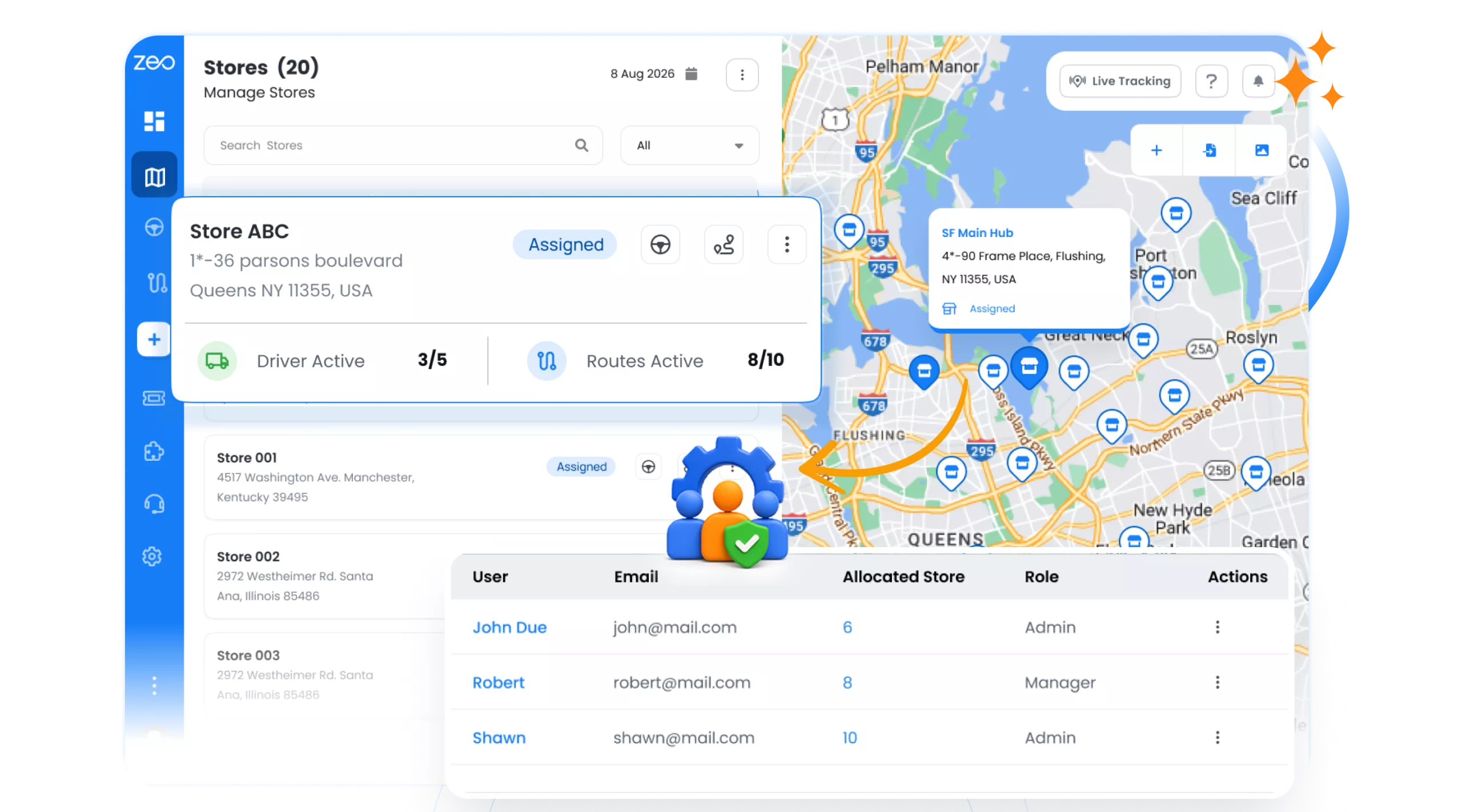 Zeo Stores dashboard showing store list, live map and user roles